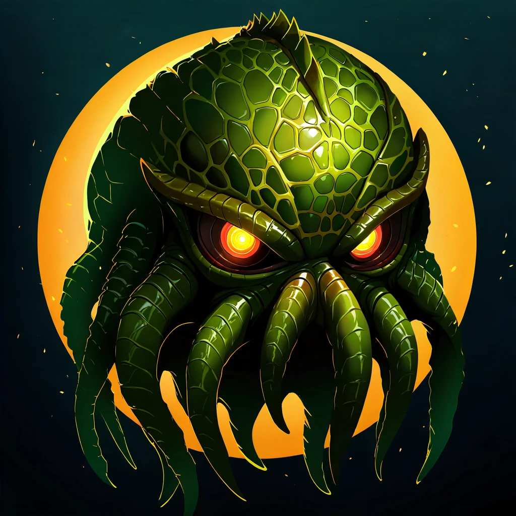 (masterpiece), best quality, solo, no humans, Cthulhu the creature with green and brown color palette with background


