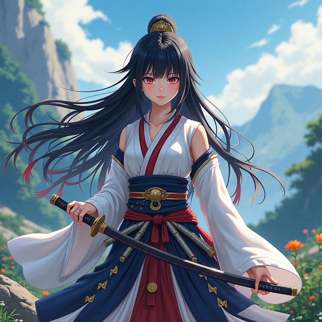masterpiece, Best Quality, absurderes, Perfect Anatomy, Unity 8k Wallpapers,best anime,dynamic angle、action pose:chop、cowboy shot,20 year old beauty、boa hancock,black hair,long hair, ,slender body,large breasts,Turn your body to the viewer、waitress,Japanese clothing、Red pleated mini skirt、１Hold a real Japanese sword with both hands、A Japanese sword drawn with precision and accuracy、Fight with a single Japanese sword、outdoor、wilderness、