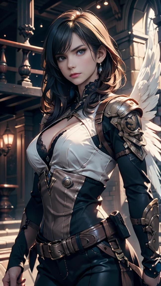 highest quality、masterpiece、Super high resolution、(Photoreal:1.4)、RAW photo、Steampunk Battle Cyborg Angel、large metal wings、white porcelain body、acrylic clear cover、gray hair、glowing skin、1 steampunk cyborg girl、((Super realistic details))、Portrait、global illumination、Shadow、octane rendering、8K、super sharp、character edge light,big breasts、The bare skin of the cleavage is exposed、intricate decorative details、Details of the steam engine、hydraulic cylinder、small led lamp、very intricate details、realistic light、purple eyes、shining eyes、towards the camera、neon details、cowboy shot、futuristic headgear、About steampunk、、