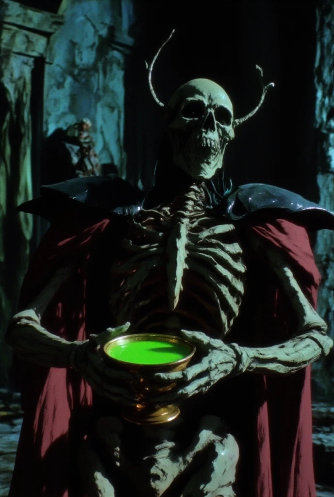 dvd screenshot of 1987 Dark Souls fantasy film, scene of a skeleton drinking green atomic liquid from a cup