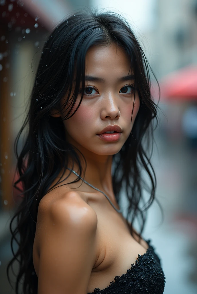 35mm vintage street photo of a beautiful young asian lady running naked, hand covering her breast, big breast, laughing , playful , bokeh, professional