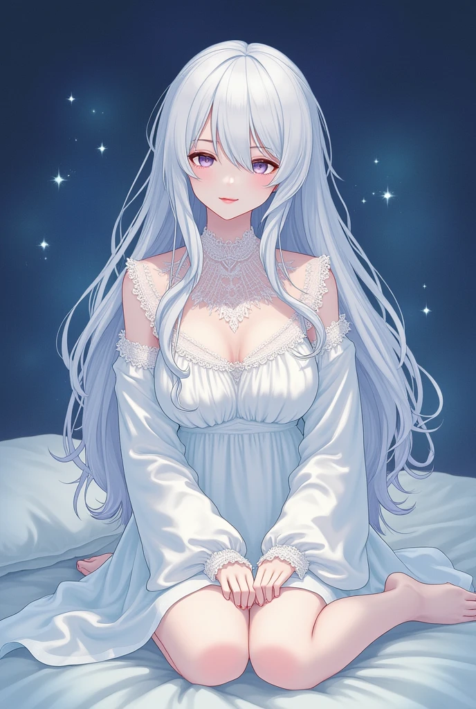 Gazing up at the starry sky visible through the window, the entire room is enveloped in a dim, calming atmosphere. Indirect lighting softly illuminates the room. A modern king-size bed with silk sheets is laid out. She is lying on her back on the bed, her silver hair spread out and flowing onto the sheets. The room is dim, and the indirect lighting softly illuminates her face and body. One hand is on top of her head, the other lightly resting on her chest. Her expression is relaxed, and her cheeks are flushed. The shot is taken from an angle above, revealing her whole body and cleavage.