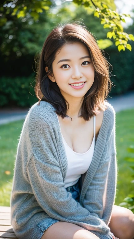 Professional photorealistic image, (Green spaces in Nikko parks), (Wearing a loose white pullover with no bra) A cute 20-year-old Japanese woman with fluffy short hair, she is squatting, Leaning forward, And with her hands resting on her lap. The collar of her pullover hangs down from her chest, A glimpse of her chest and nipples peeking through the gap, She looked at me and smiled shyly, blushing. Composition from directly above, Browsing Caution,