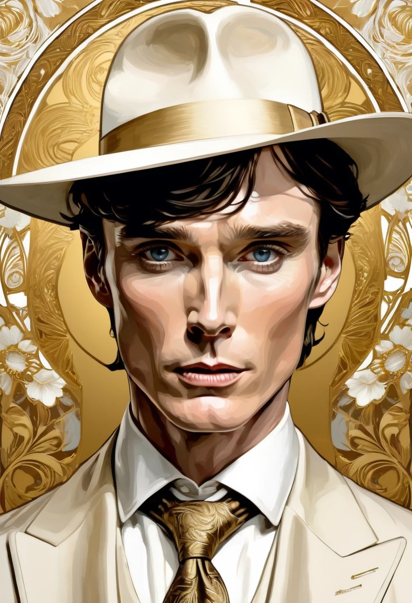  Cillian Murphy , and sharp intensity of  Cillian Murphy 's face.ccxl-mucha, Tomás shelby Art style, gold and wite , retrato,elegant style 1920, sombrero Fedora o sombrero trilby.