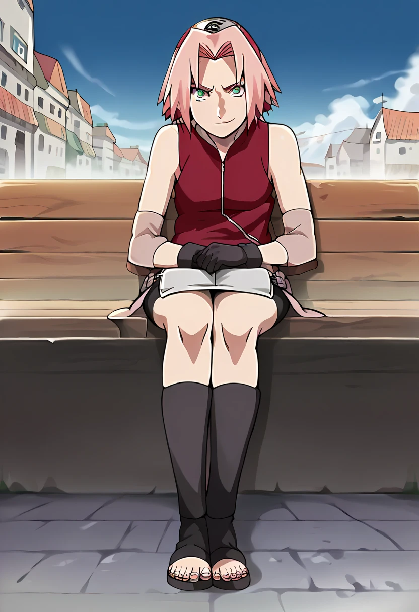 Full body, Sakura_haruno, official_art, anime screencap, masterpiece, best quality, absurdres, solo, woman, badass, sitting on bench,  looking at viewer, smirk,  red sleeveless minidress, zipper, toeless footwear, bandaged leg, pink miniskirt, sleeveless, pink hair, short hair, parted bangs, green eyes, small breasts, konohagakure symbol, black gloves, outdoors, village background, grey sky, standing 