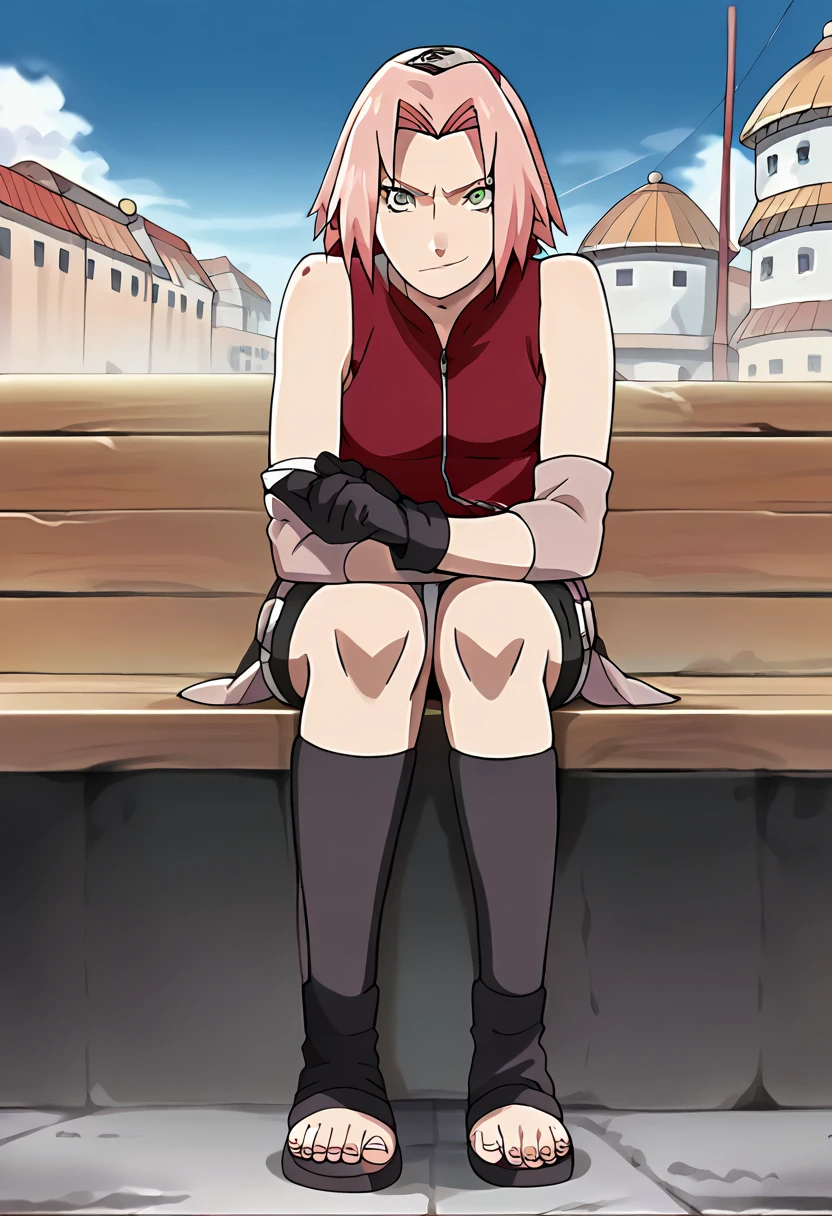 Full body, Sakura_haruno, official_art, anime screencap, masterpiece, best quality, absurdres, solo, woman, badass, sitting on bench,  looking at viewer, smirk,  red sleeveless minidress, zipper, toeless footwear, bandaged leg, pink miniskirt, sleeveless, pink hair, short hair, parted bangs, green eyes, small breasts, konohagakure symbol, black gloves, outdoors, village background, grey sky, standing 