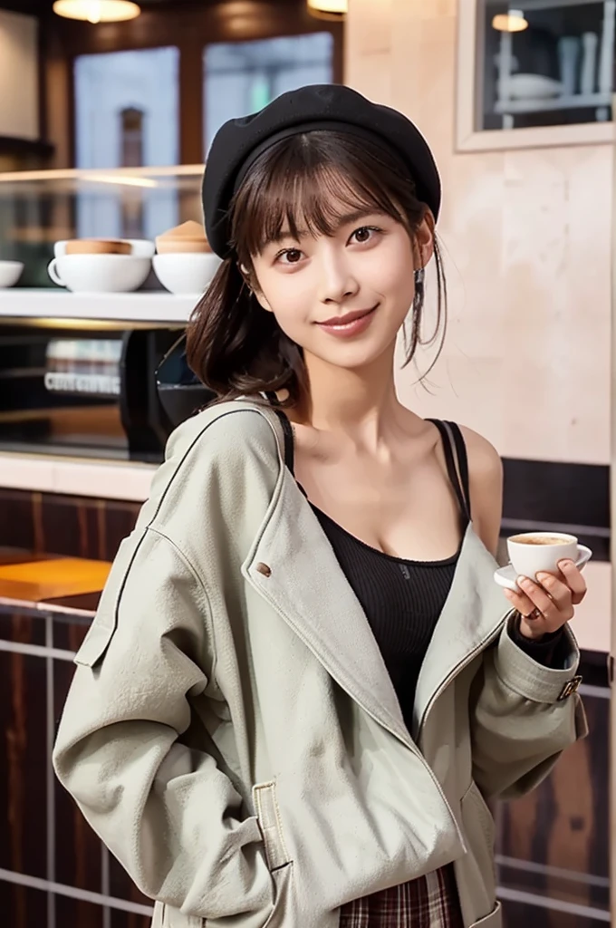 (masterpiece, best quality, perfect anatomy, highres, 8k, realistic, photorealistic, natural skin texture, no makeup:1.2), (afternoon:1.5), 1girl, solo, Japanese, age20, female fashionable university student, very cute, (large breasts:1.4), (She pulls her coat gently down over one shoulder:1.5), she wants to have sex with her boyfriend, (smiling devilishly), (standing at a café counter:1.5),  Her mini skirt and beret add to her chic autumn outfit, Her straight, shoulder-length hair frames her face as she looks toward the camera with a soft, inviting gaze, A modern café interior with clean lines and warm tones, vertical composition, jp idol, inugao