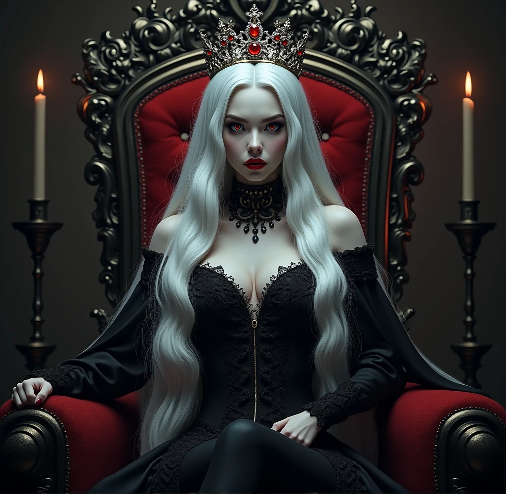 (master part), (melhor qualidade),uma vampira, mulher vampira, de cabelos platinados, cabelos longos, heavy and platinum hair, pele muito branca, pele branca como a neve, olhos vermelhos, olhos cor de rubi.  [(pose:(( sentado em um trono)), ( pernas cruzadas), (hands crossed on the knees),.(sentada de lado),(olhando para a frente), trono de seda, (seda branca, seda vermelha)]. [(Roupas: (  vestido preto), (decote grande), bordas irregulares, gothic and sexy style, seios marcados, vestido longo cortado, (pernas aparentes), salto alto,.salto agulha.)], [(Uplighting: Dusk Light, luz fria,  luz branda.- 4k