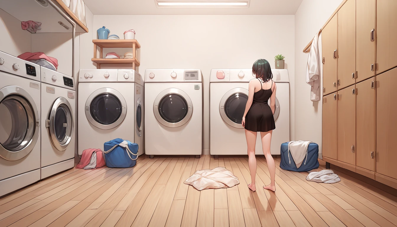 Wooden floor,Laundry room,Clothes that have been removed on the floor,washing machine