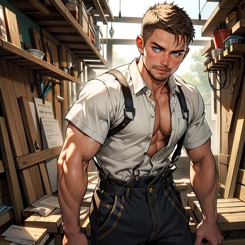 (masterpiece), best quality, expressive eyes, perfect face, 1 boy, 24 years old, Muscle Man, Bodybuilder,Have a tattoo, Open orange factory overalls, Wearing a soaked white T-shirt, Factory equipment, complete scene,factory scene,There are many objects and machines piled around,goggles
