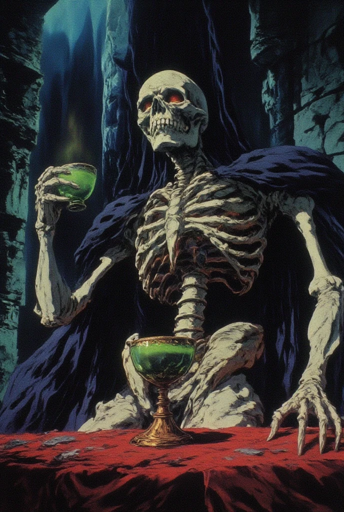 dvd screenshot of 1987 Dark Souls fantasy film, scene of a skeleton drinking green atomic liquid from a cup