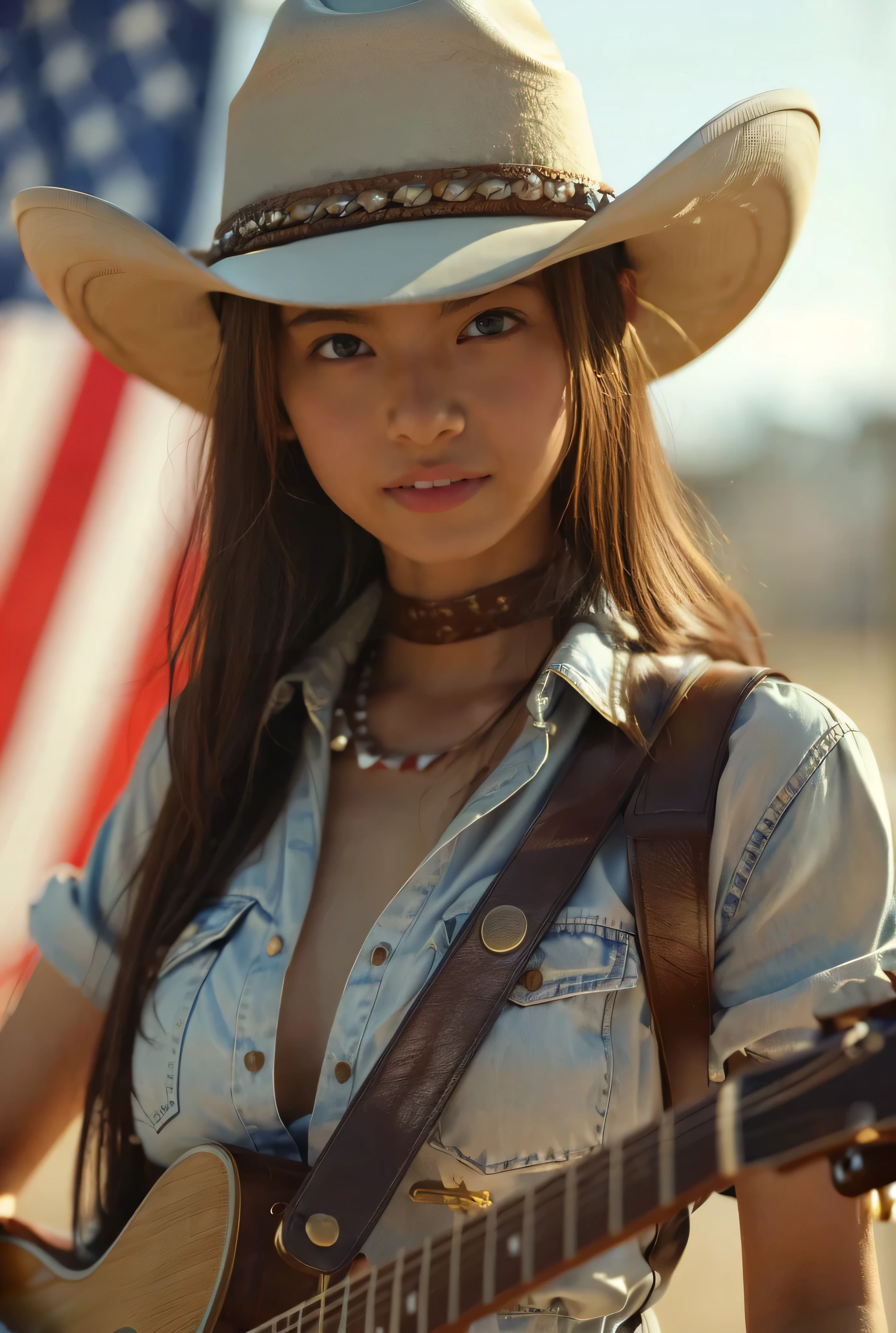 (  Masterpiece ,  top quality :1.2), 8k,  young and beautiful girl  , 85mm, Official AR RAW Photos 、Big Breasts、(((  Please show me only one breast))),  tanned skin, Thick lips、 photoshoot,  cute face,  she's an Instagram model . ((( She has a dirty coat  , Guitar and cowboy hat  )))  play guitar in provocative poses. Turning.(  Kate Beckinsale:0.6)  perfect body構造 . American Flag,  low rise denim  , perfect hair.  Perfect Breasts .  perfect body . perfect hand.  perfect face.  perfect eyes.  thin pubic hair  .  anatomically accurate .  cut Sony A9 II and 85mm f  /1.8 GM lens.