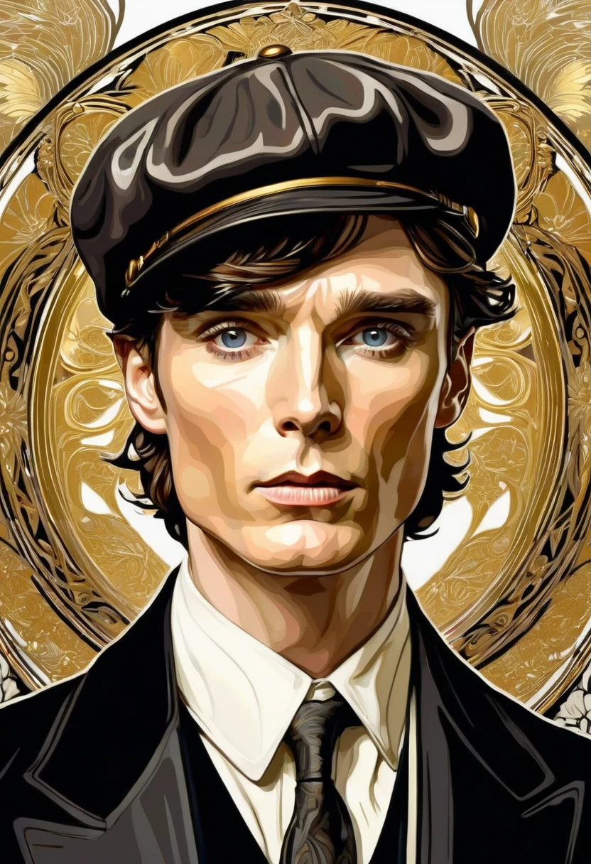 Cillian Murphy, and sharp intensity of Cillian Murphy's face.ccxl-mucha, Tomás shelby Art style, gold and wite, retrato,elegant style 1920,flat cap