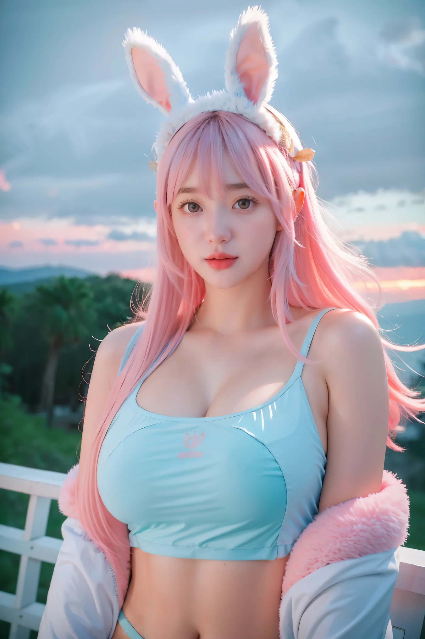 Adorable , Gorgeous , Beautiful , Russian Baby Face , (Large Colossal Breasts) , 30 Years Old , White Skin , Bunny Cosplay Suit , Bunny Headband , Front Facing , Potrait , Top of The Mountain Background , Wind , ((Muscles:1.1)) , Long Hair Bangs , Blue Eye , ((Pink-Blue Pastel Coloured)) , ((Night:1.3)) , Standing , HDR , Ultra Detailed , EF 24-70mm f/2.8L II USM