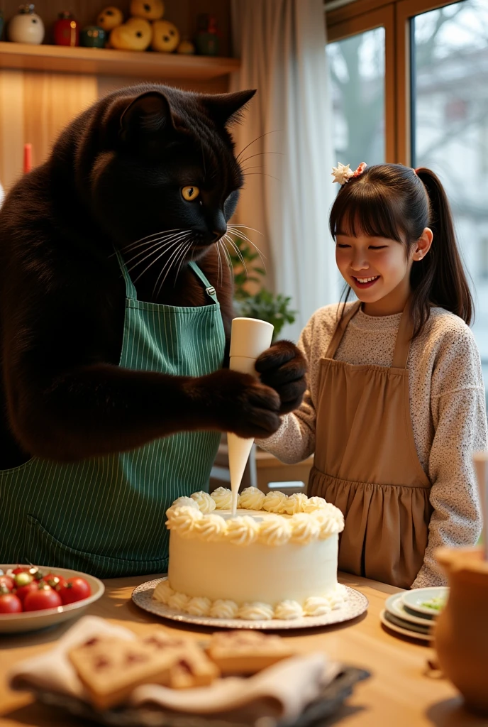 ultra-realistic, photorealistic, dramatic scene, shadow, global-illumination, (the human-like very large black chubby cat with vertical striped green apron is making a gorgeously decorated Christmas cake and decorating a cake with whipped cream using a whipped cream piping bag at the home kitchen in the stylish Japanese apartment room), The large black cat is holding a squeezer with both hands and squeezes out the cream on the cake, (A beautiful with cute Japanese 20 years old girl is looking at the cake), (20 years old girl with shoulder-length brown ponytail hair is showing big smile), they look so happy, a many kind of cooking tools are in the kitchen, gorgeously decorated with Christmas decorations in the room