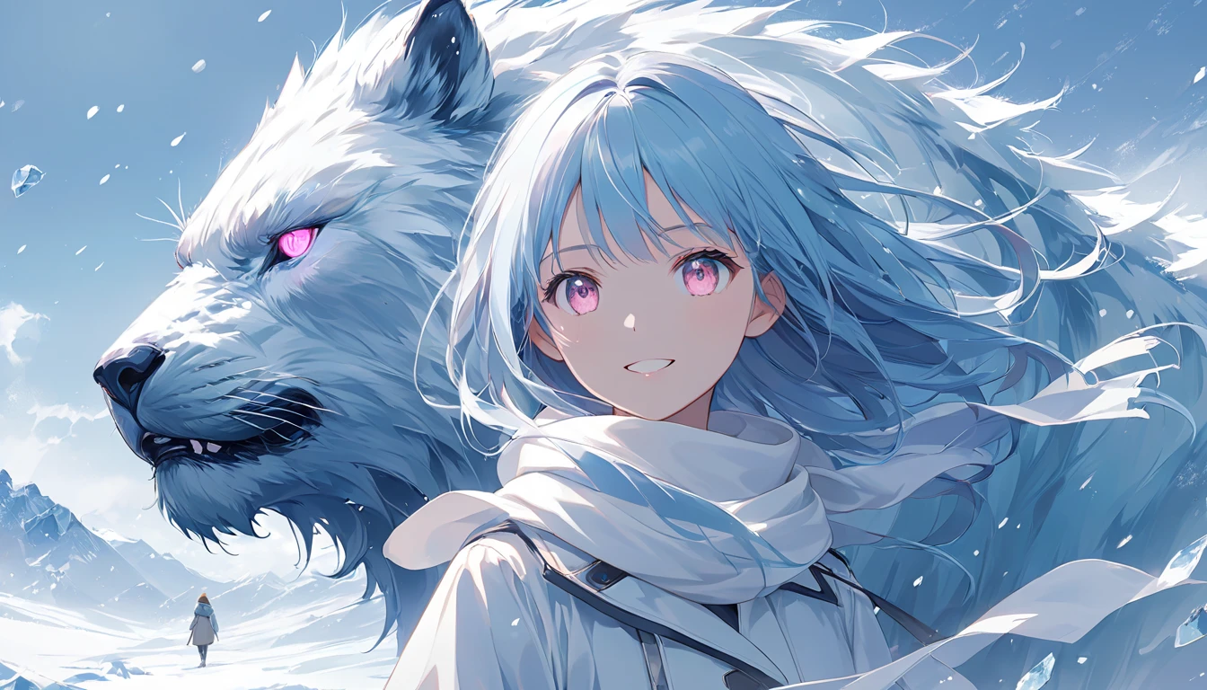 Masterpiece, high quality, high resolution, 16K, illustration by Makoto Shinkai, background detail, digital painting, hyperrealistic, transparent, ite girl smiling, long eyelashes, fair skin, long light blue hair, pure white coat and white scarf, pale pink eyes, snow and ice beast, beast's eyes glow red and menacing, Beast guarding behind girl, heavy snowstorm and mountains, cinematic angle