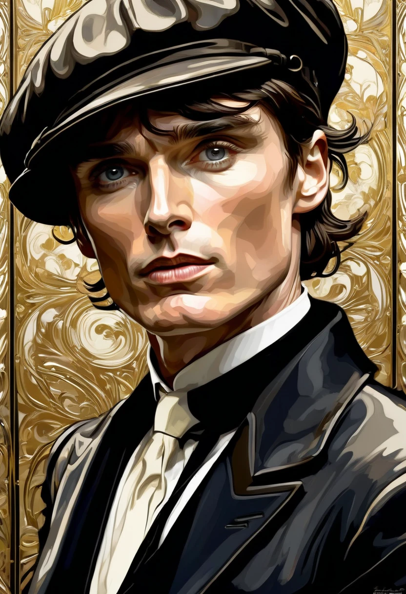  Cillian Murphy , and sharp intensity of  Cillian Murphy 's face.ccxl-mucha, Tomás shelby Art style, gold and wite , retrato,elegant style 1920,flat cap black , A penetrating and intense look ,  The expression conveys a mix of trust,  anger and a touch of madness ,  capturing an intriguing aura .