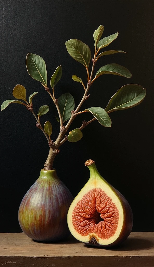 still life 
physalis , fig, rowan branches
dark background , canvas,  figurative base ,  alla prima
Richard Schmidt careless strokes go hand in hand with meticulous detail