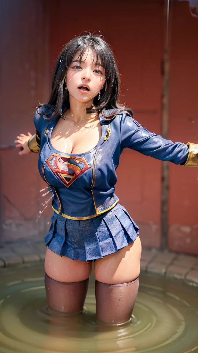 8k,masterpiece of the highest quality,big, ( 1 girl),  Supergirl、Beautiful girl、(Perfect Body、Perfect fit、Perfect Thighs)、((( Wearing Supergirl's suit、 damage by being knocked out、torn、 Ripped Clothes 、Bare thighs、 Exposed arms、 cleavage、Beautiful breasts)))、cold々Funny face、 straight hair、Professional Light Source, Flowing Long Hair,  Angle from Below 、, Black Hair, Long Hair,  shiny skin, shiny big, (( best quality)),  clear focus : 1.2,  Highly Detailed Face and Skin Textures , detailed eyes,  perfect face,  perfect body , art, CG,  blur background, big with presence, (20 years old,  mature cool and beautiful funny face), wear (( Supergirl's costume、 Supergirl's costume)),Professional Light Source, Angle from Below 、(((Tattered clothes、Too much exposure、torn clothes、Ripped skirt、Tattered skirt、 cleavage、 you can see beautiful breasts, My Whole Body Is Wet 、My whole body is wet)))、((( full of tentacles、tentaculata、Tentacles wrapping around the body、The tentacles wrap around the whole body、Surrounded by tentacles、The body is connected by many tentacles.、Hands tied with tentacles、The legs are connected with tentacles、Tentacles groping the whole body、Tentacles that go into pants 、 tentacles go into pants 、Stand with your arms behind your back、Stand with your arms folded behind your back)))、( open your mouth 、Scream、 Moans in Pain , Feeling pain, Flowing Tears:1.5), (it hurts), (Lost the Battle), (it hurts), (Lost the Battle), 