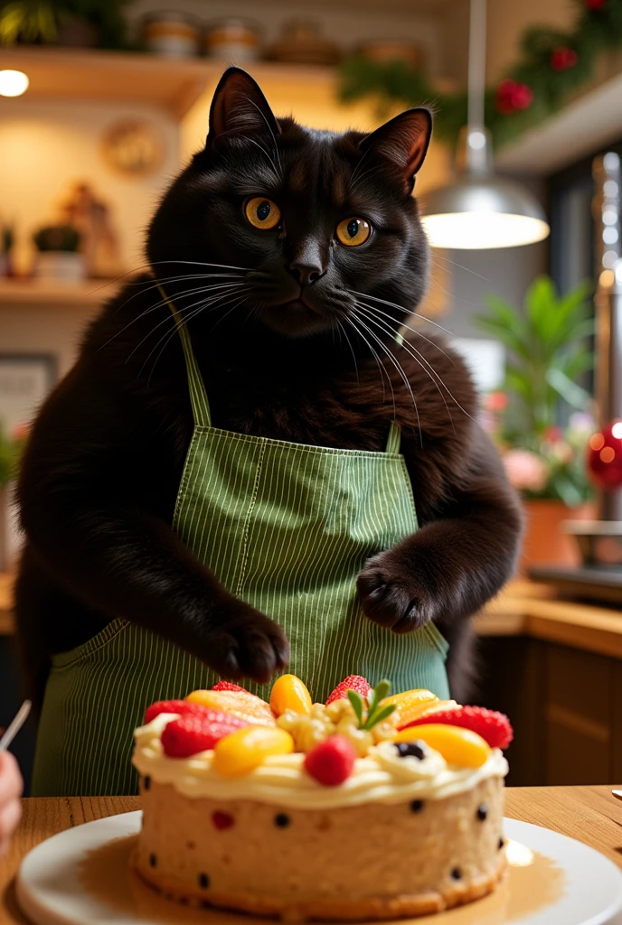 ultra-realistic, photorealistic, dramatic scene, shadow, global-illumination, (the human-like very large black chubby cat with vertical striped green apron is making a gorgeously decorated Christmas cake and decorating a cake with colorful fruits at the home kitchen in the stylish Japanese apartment room), The large black cat is holding a piece of fruit, (A beautiful with cute Japanese 20 years old girl is looking at the cake), (20 years old girl with shoulder-length brown ponytail hair is showing big smile), they look so happy, a many kind of cooking tools are in the kitchen, gorgeously decorated with Christmas decorations in the room