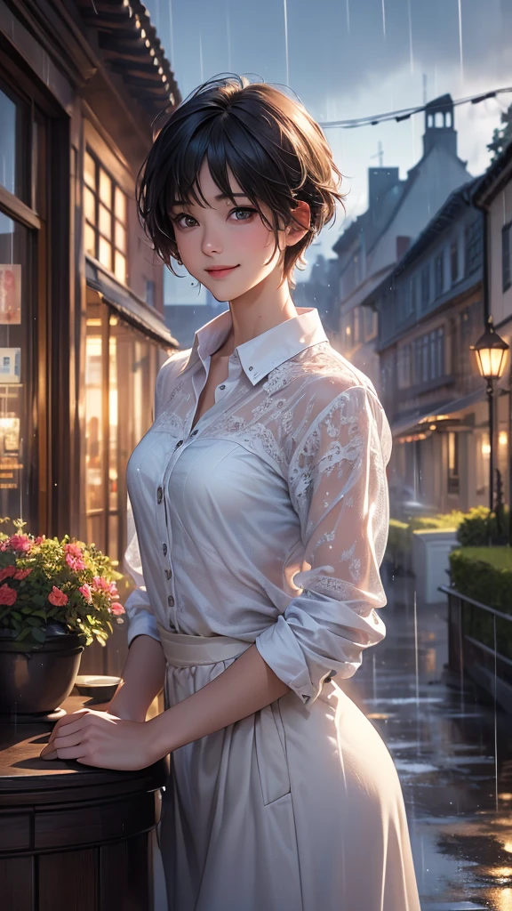 (8k, top quality, masterpiece: 1.2), ( realistic , photo realistic : 1.37),  super detailed , 1 girl, , Alone,  small breasts,   beautiful detailed sky  , Detailed Cafe,   knight , (), (smile: 1.15), (  closed mouse),  small, ( collared shirt : 1.1),   knight ,  wet, Office Wear, rain, white lace, ( Shorthair: 1.2),  fluttering hair NovaFrogStyle ,  Random Sexy Pose ,