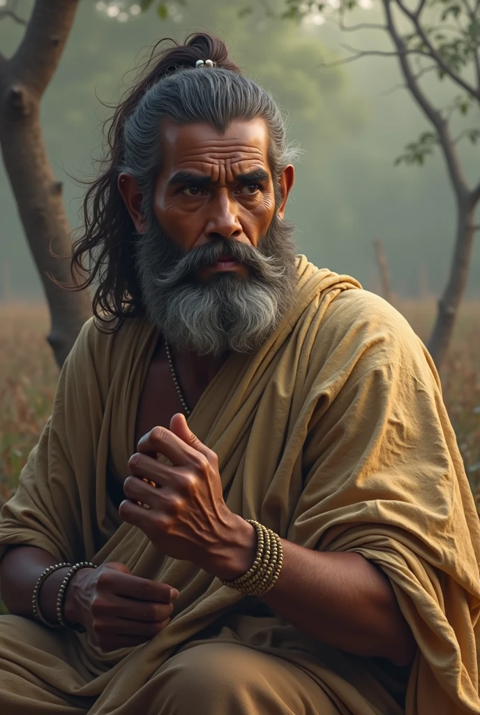 Indian prophet .ancient monk's clothes. the face is clearly visible. you can see all the details.4K. is sitting.background futuristic temple. all the colors are bright and eye-catching