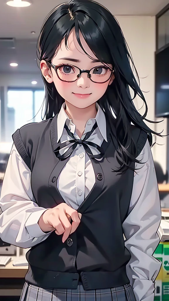  top quality 、 realistic 、woman、zoom、cute、 gray eyes、 black hair、 shortcuts、Glasses、Ivory Blazer、 white blouse、ribbon、Green checkered pleated skirt、glass、 cross your arms a little、 Look Down、smile、Bust、