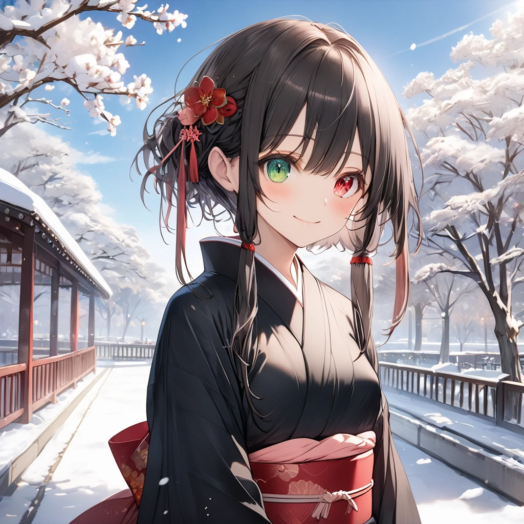 ( One girl ),yuzuki yukari,, black hair, black eyes,smile,blush、short hair, (long sidelocks:1.5), ( small tits:1.5),(Black kimono:1.5),stand、blue sky,Park Walkway、snow、front、 cowboy shot、( perfect anatomy ),( best quality), ( ultra hi-res), (超 high definition ), ( Highly Detailed CG), (32K), (masterpiece)、eyesHD, heterochromia, red eyes, left eye red, green eyes, right eye green,