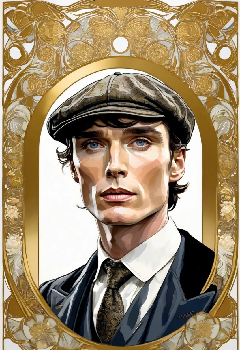 Cillian Murphy, and sharp intensity of Cillian Murphy's face.ccxl-mucha, Tomás shelby Art style, gold and wite, retrato,elegant style 1920,Wearing a vintage flat cap with a textured fabric, adding a touch of classic British style.mirada de enojo,genera miedo su mirada,psicopata