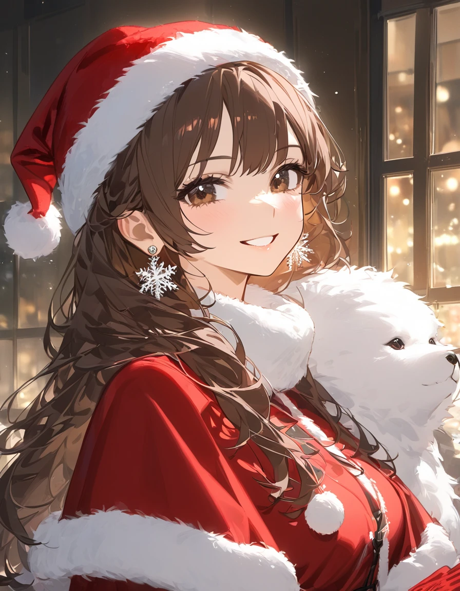 woman，Age 25，smile，Brown Hair， long hair，Fluffy， earrings for women with first name， upper body，スタイリッシュなwoman&#39; in the room， Christmas，Santa's Red Hat ，winter