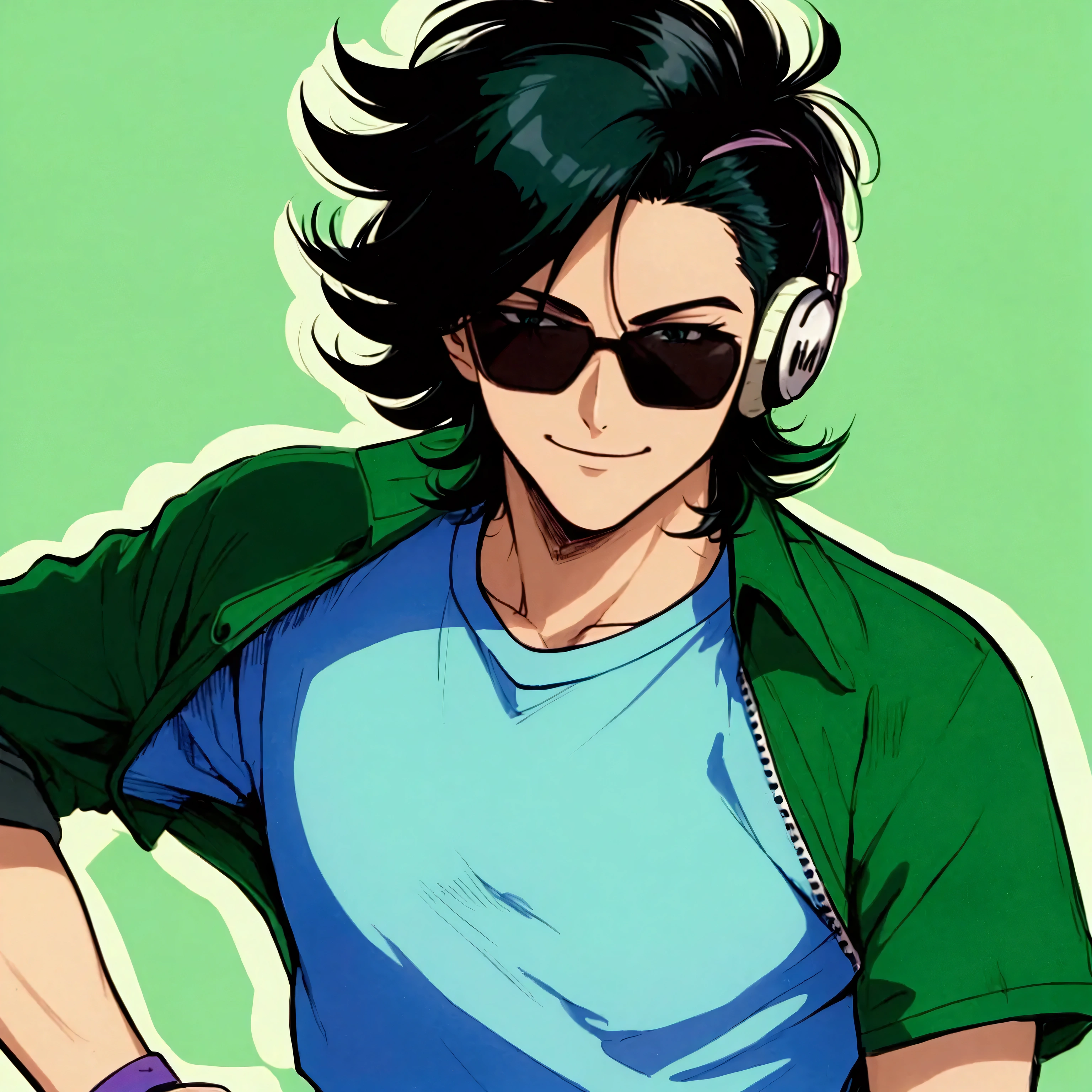 Classic 80s and 90s anime-style close-up portrait of a young man with short, slightly messy black hair, prominently wearing large, vibrant-colored over-ear headphones and stylish rectangular sunglasses. He has a cheerful and relaxed expression, radiating a friendly and approachable vibe. His outfit is casual, featuring a dark t-shirt and a lightweight green jacket, with a retro aesthetic. The background is a soft pastel color, reminiscent of vintage anime aesthetics, creating a nostalgic atmosphere. The art style is highly detailed with bold outlines, rich colors, and smooth cel-shading, capturing the essence of classic anime.