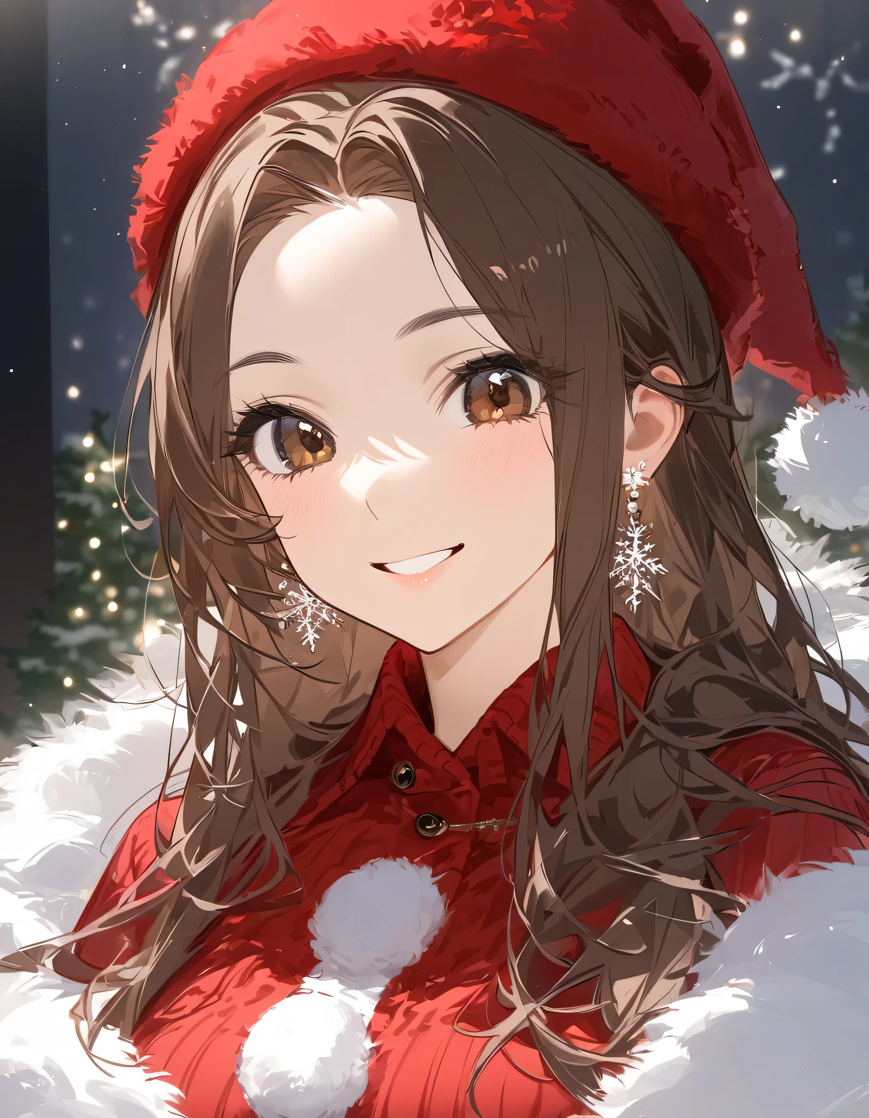 woman,Age 25,smile,Brown Hair, long hair,Fluffy, earrings for women with first name, upper body,スタイリッシュなwoman' in the room, Christmas,Santa's Red Hat ,winter