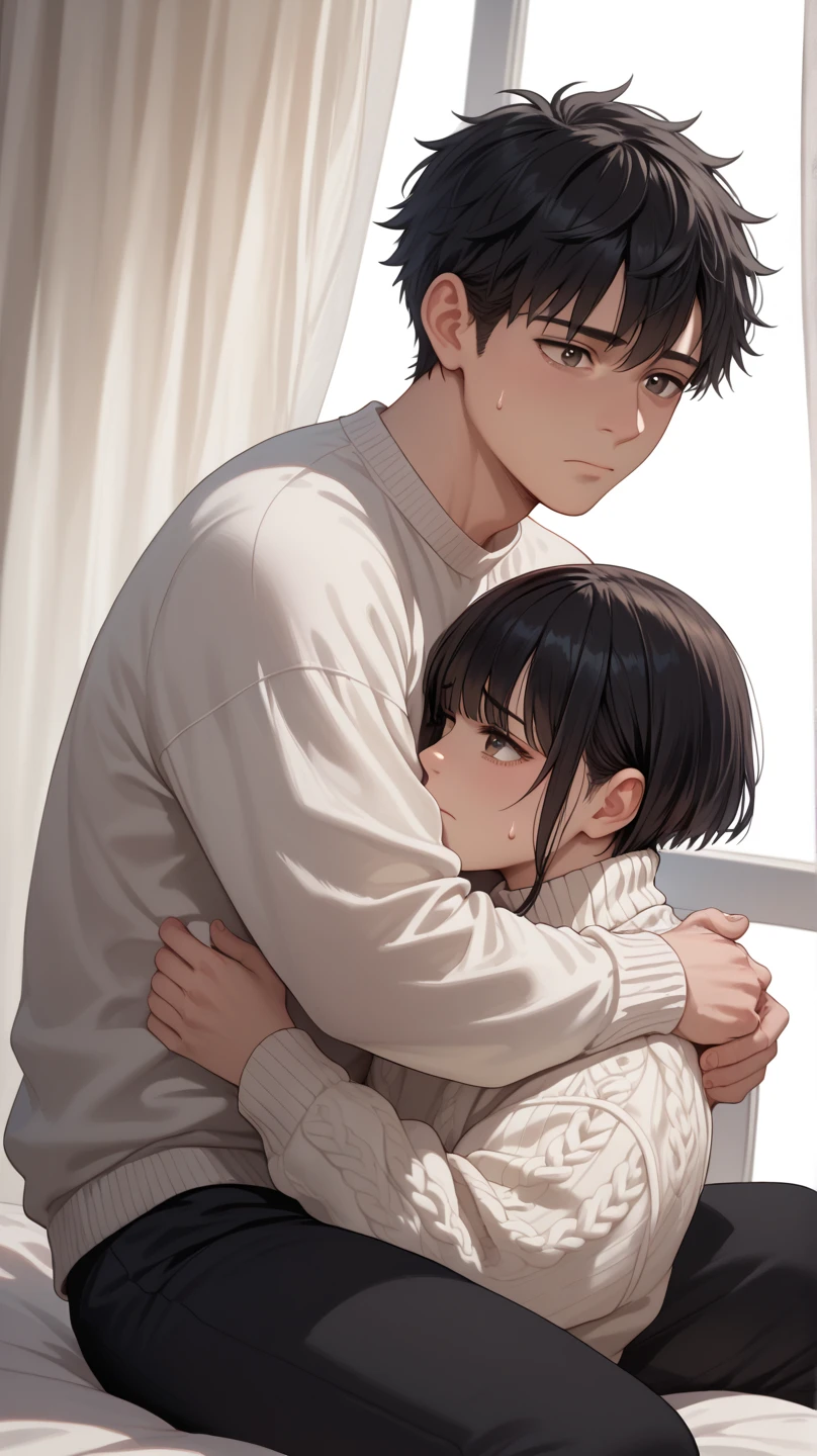 A 170cm tall man with short black hair parted in the middle is sitting on the floor, leaning against the bed.、An illustration showing the whole body of a man sitting on the man's lap with a man with medium-length hair and a height of 163 cm, burying his face in his shoulder and embracing him closely.