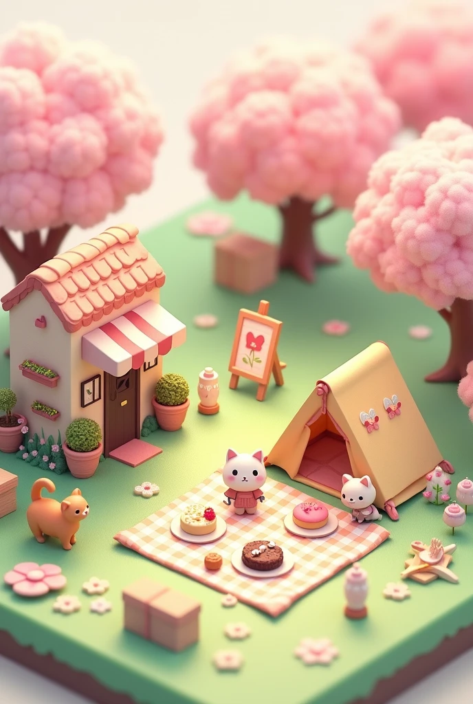 Create a cozy and whimsical isometric illustration of a pastel-colored outdoor scene. The environment features a picnic setting surrounded by soft cherry blossom trees. Include a small, charming cottage-style shop with a striped awning and decorative plants. Next to it, depict a cute tent and picnic blanket setup with small animals, like cats, enjoying tea, cakes, and snacks. Add intricate details such as picnic baskets, plates of food, a tiny easel with a painting, flowers, and lanterns. The color palette should be soft and pastel, including shades of pink, cream, green, and yellow, giving the artwork a dreamy and serene vibe. Ensure the style is kawaii-inspired, with rounded shapes, soft edges, and minimal shading for a playful and cozy aesthetic. 