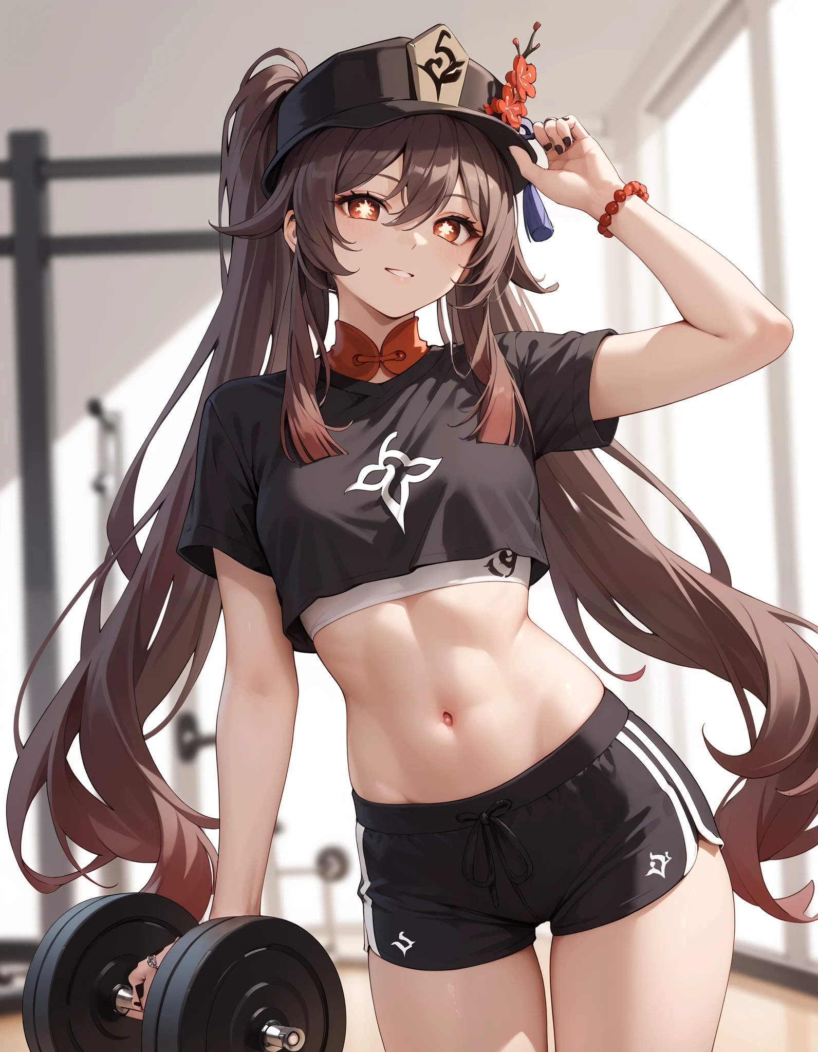 score_9, score_8_up, score_7_up, hu tao,crop top,midriff,navel,slaveless,on the gym
