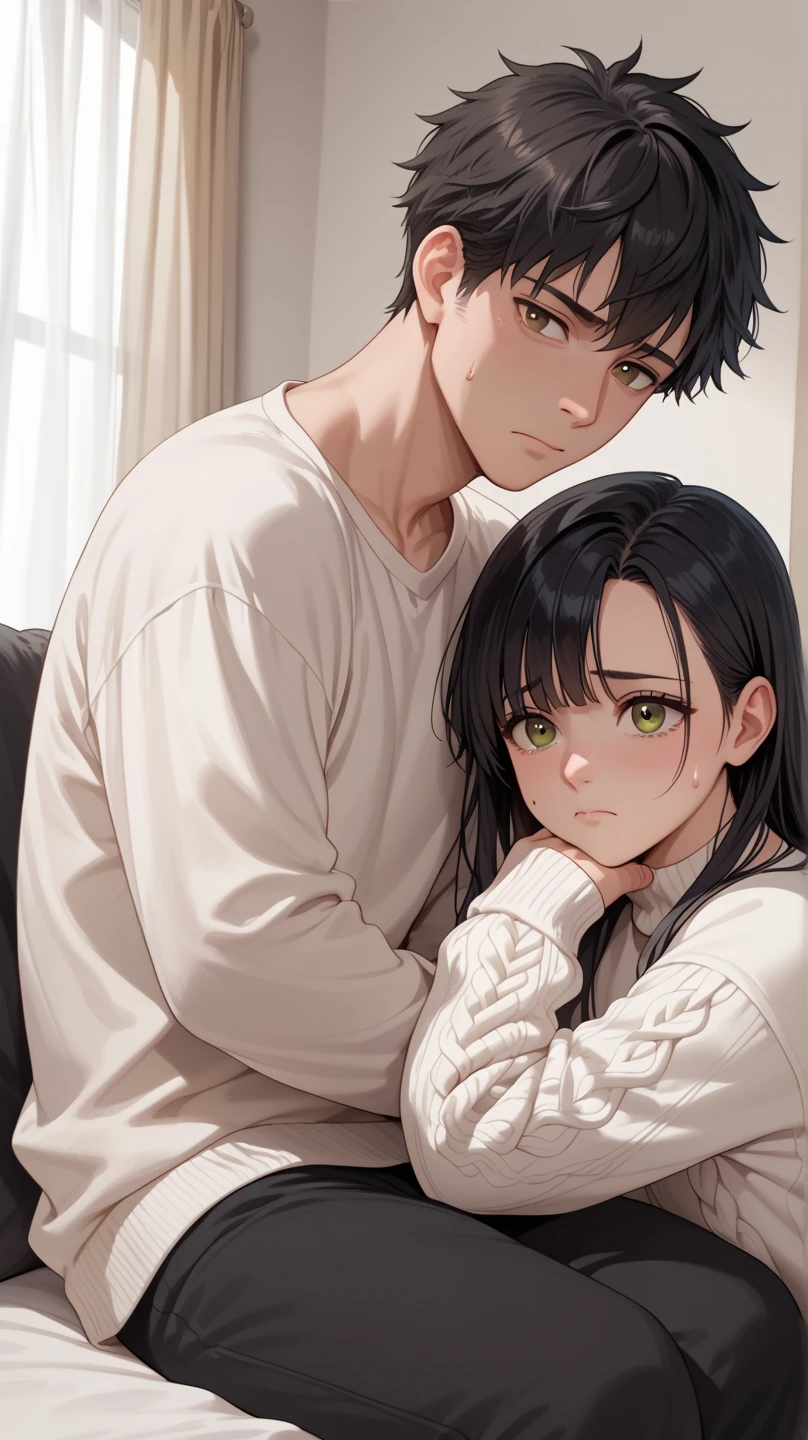 college student couple、Lovers、black hair girl、cute、droopy eyes、hug、tall man、Handsome guy、detailed face、バックhug、pajamas、white clothes、bedroom、A woman sits on a man's lap