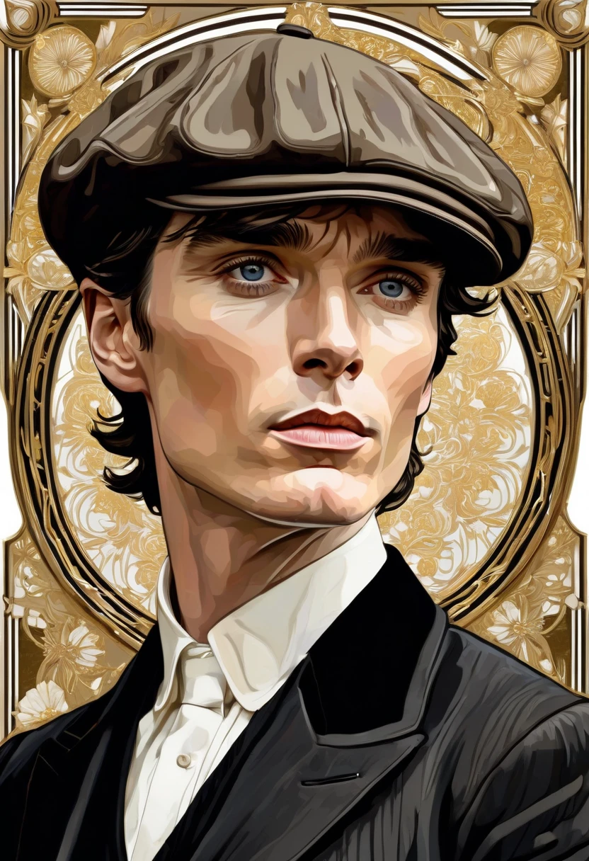 Cillian Murphy,apariencia ruda, and sharp intensity of Cillian Murphy's face.ccxl-mucha, Tomás shelby Art style, gold and wite, retrato,elegant style 1920,Wearing a vintage flat cap with a textured fabric color blak opaco, obstrullendo un poco su mirada,adding a touch of classic British style.mirada de enojo,genera miedo su mirada,psicopata,rude