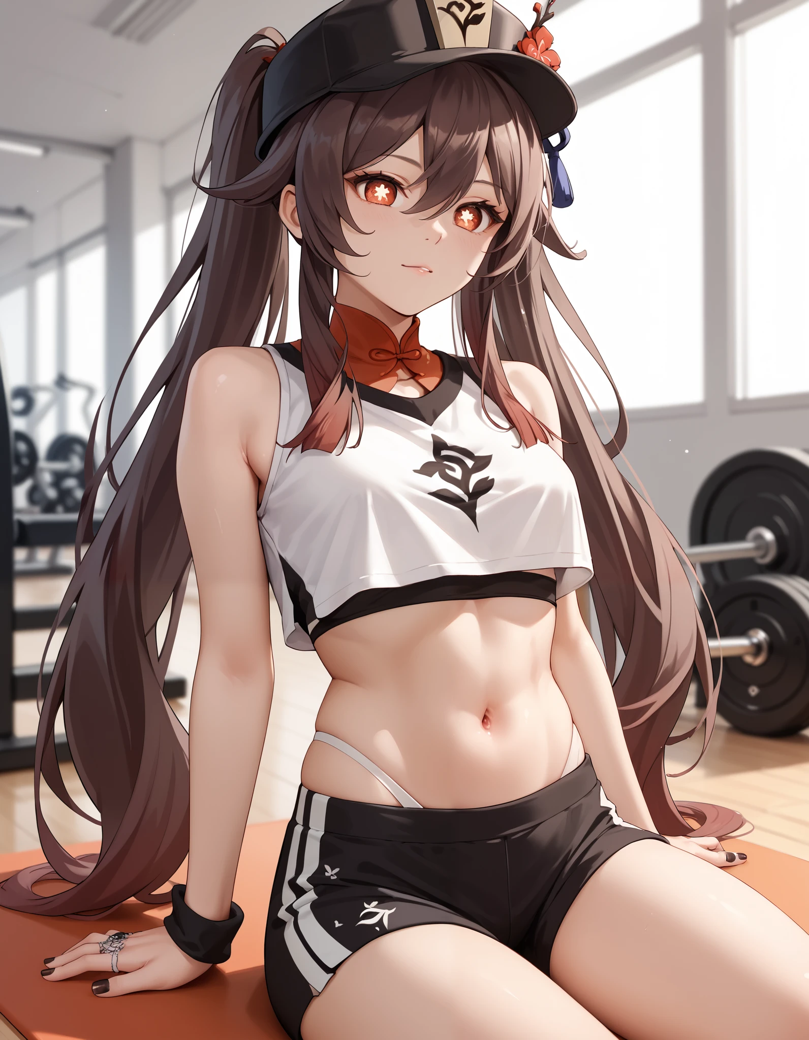 score_9, score_8_up, score_7_up, hu tao,crop top,midriff,navel,slaveless,on the gym
