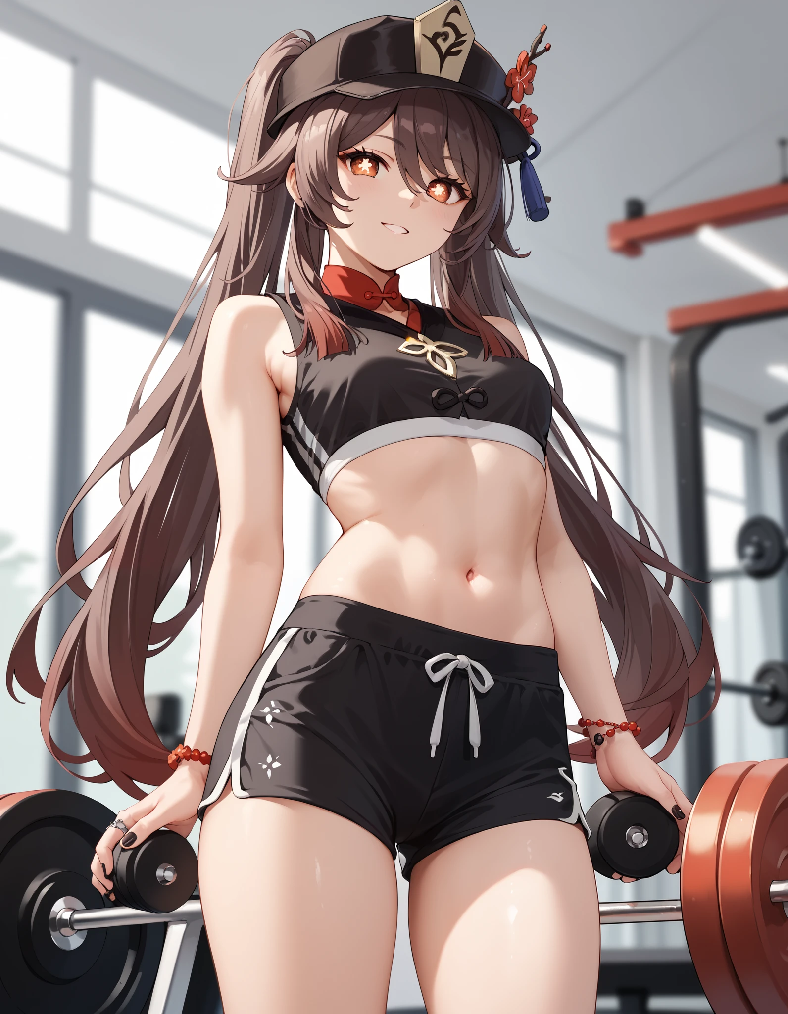 score_9, score_8_up, score_7_up, hu tao,crop top,midriff,navel,slaveless,on the gym
