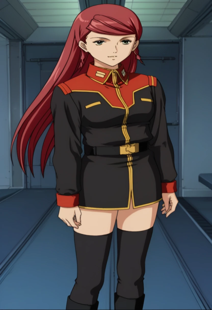 score_9, score_8_ up, score_7_ up, score_6_ up, score_5_ up, score_4_ up,  Source_Anime,  twin blade , Red Hair,  long hair, Shirley Ramsay, 、{{{{  titan costume  }}}}、 black uniform、  Long Sleeve  、、  Rap The Black Thigh High Socks 、Knee Boots、  Black Bed  room、  Closet in Castle Room 、  Black Bed  、  Black Bed  に横たわる、、  happy 、Dark Persona、 the above,