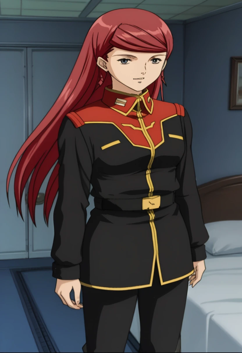 score_9, score_8_ up, score_7_ up, score_6_ up, score_5_ up, score_4_ up,  Source_Anime,  twin blade , Red Hair,  long hair, Shirley Ramsay, 、{{{{  titan costume  }}}}、 black uniform、  Long Sleeve  、、  Rap The Black Thigh High Socks 、Knee Boots、  Black Bed  room、  Closet in Castle Room 、  Black Bed  、  Black Bed  に横たわる、、  happy 、Dark Persona、 the above,