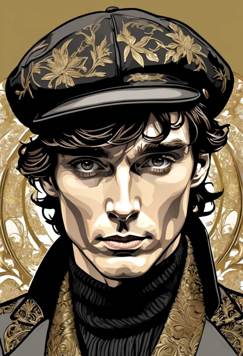 Cillian Murphy,apariencia ruda, and sharp intensity of Cillian Murphy's face.ccxl-mucha, Tomás shelby Art style, gold,black and wite, retrato,elegant style 1920,Wearing a vintage flat cap with a textured fabric color blak opaco, obstrullendo un poco su mirada,adding a touch of classic British style.mirada de angry,mirada psicopata,rude,enojado