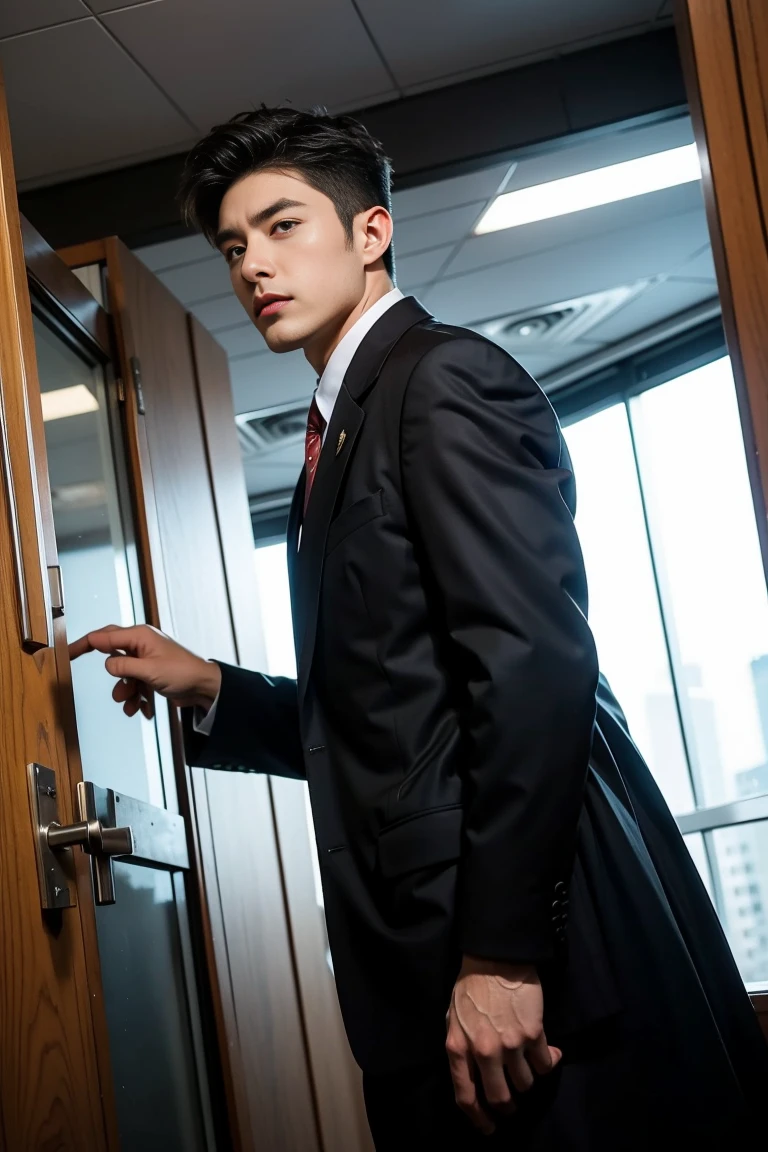 handsome male,solo,muscle,suit,feather coat,dutch angle,low angle,empty Office, Police
