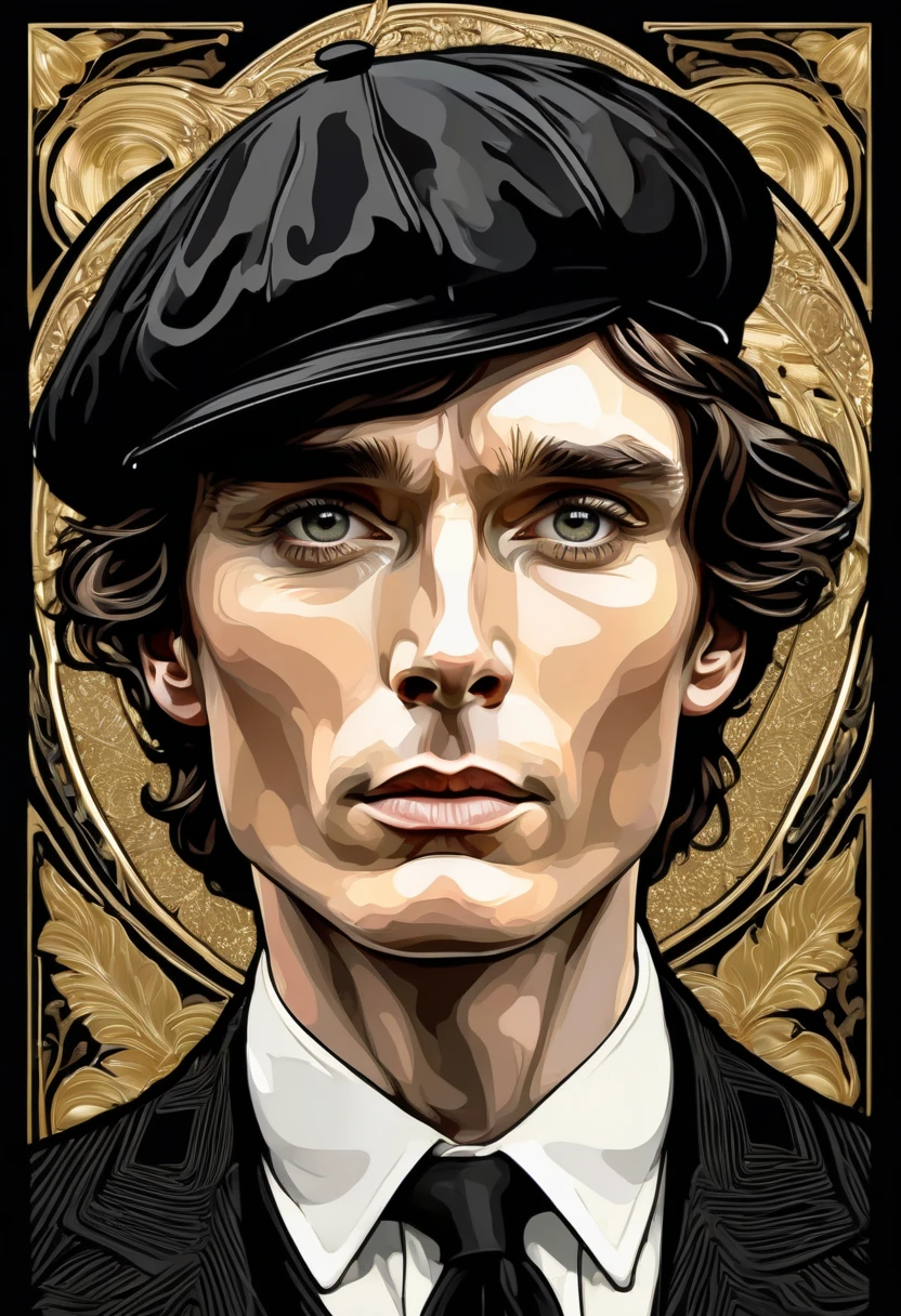 Cillian Murphy,apariencia ruda, and sharp intensity of Cillian Murphy's face.ccxl-mucha, Tomás shelby Art style, gold,black and wite, retrato,elegant style 1920,Wearing a vintage flat cap with a textured fabric color black opaco, obstrullendo un poco su mirada,adding a touch of classic British style.mirada de angry,mirada psicopata,rude,enojado