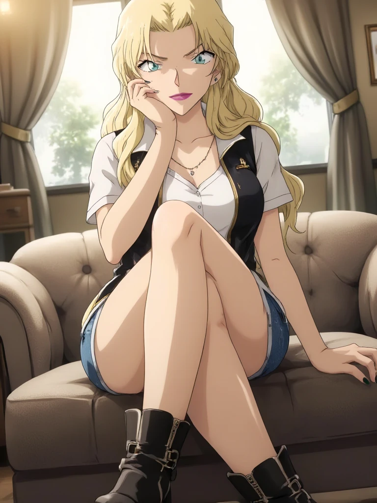 One beautiful blonde, black police hat, white mother, へそが見えている, ripped denim shorts