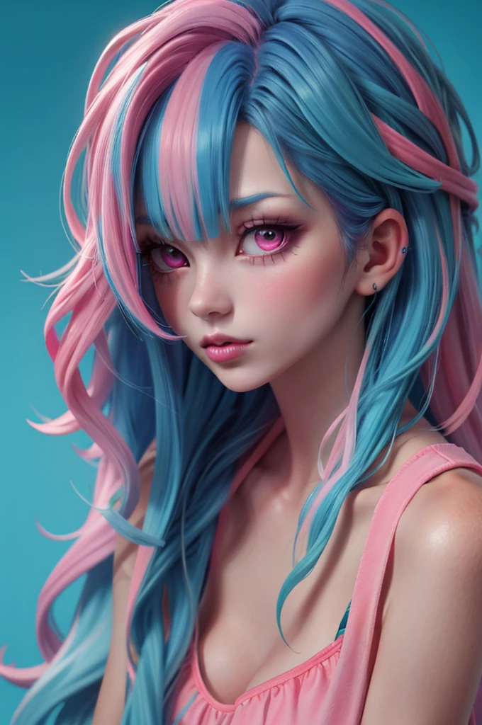 goddess of eternity with pink and blue hair, fading into the cosmos, neo punk, inkpunk, jem and the holograms, pop surrealism, in the style of frank moth, carne griffiths and adrian ghenie, sharp focus, messy, highly detailed,