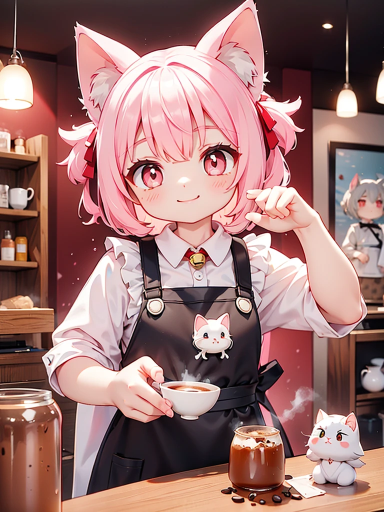 Siamese cat、kitten、 white and gray body hair cutting through meat、 is brewing coffee、 is a smiling face 、 pink apron 、 collar with a red bell、Canned food on the table、