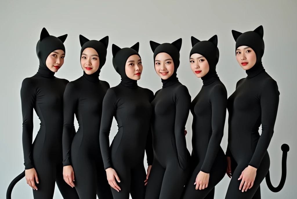 6 taiwan boy students wear leopard print lycra turtleneck unitard catsuit covered with spots and stripes.They always wear leopard print lycra dancewear hijab-like hood.They are from school