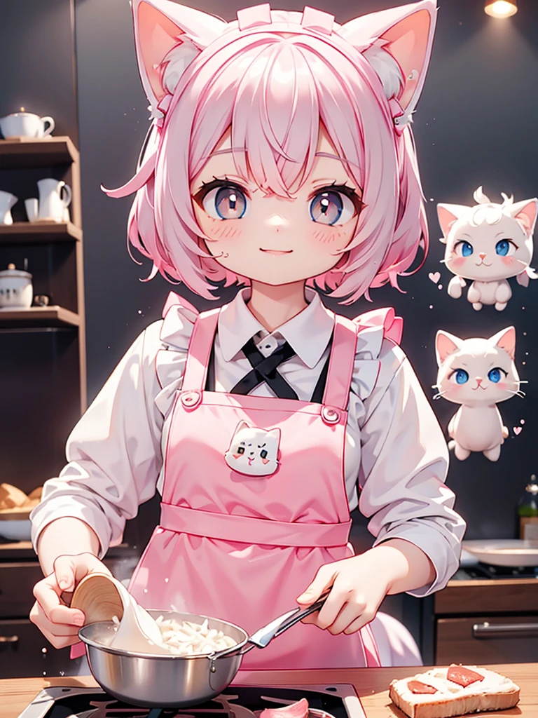 Siamese cat、kitten、 white and gray body hair cutting through meat、 cooking、 is a smiling face 、 pink apron 、