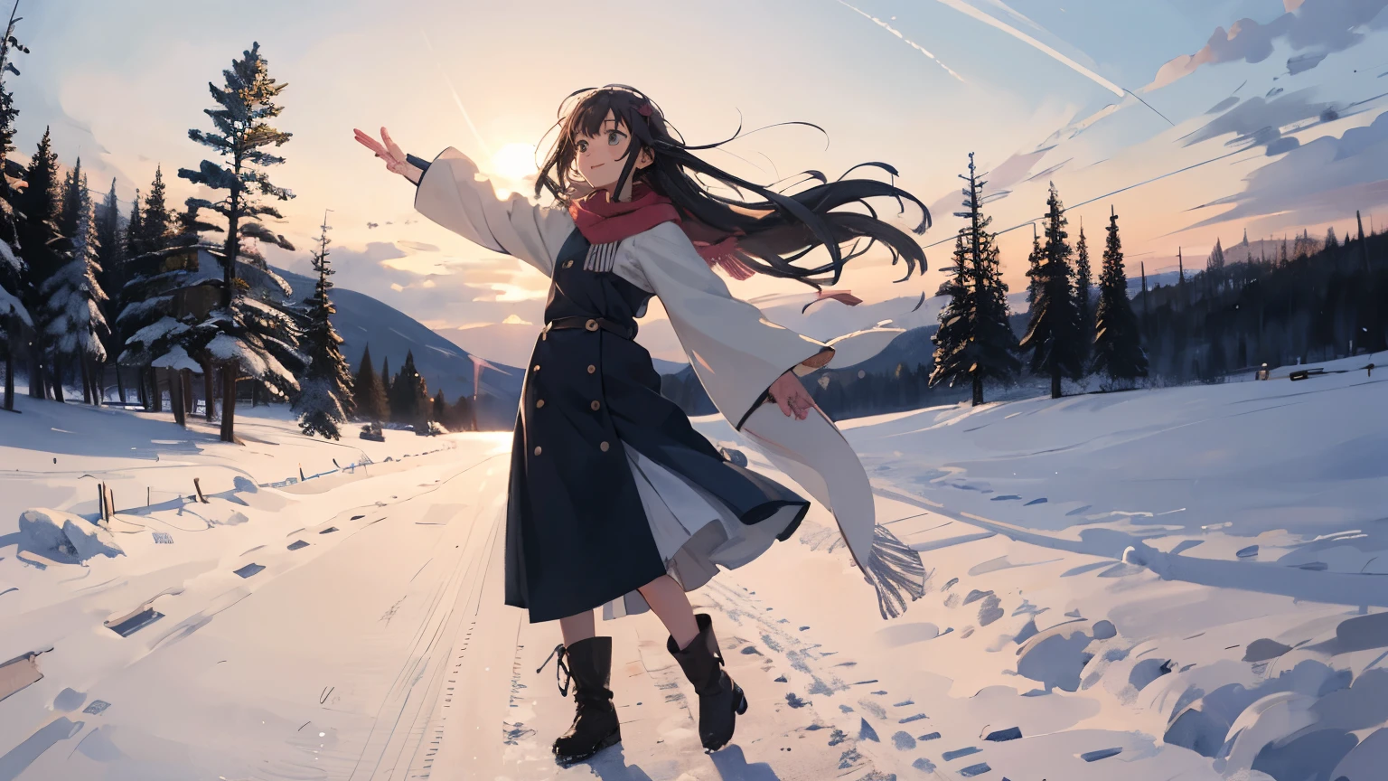 masterpiece， top quality ， high image quality，( super flat,  flat shading )， dancing ,  fisheye lens，Beautiful Petite Woman :1.25， warm scarf ， snowの上でダンスする， long hair,  boots, smile, smile,  White Breath，fun, play, winter, snow, dusk， Beautiful Sunsets ，Wide angle,  bright colors , watercolor, Ghibli style，Strong winds， girl&#39;lure，